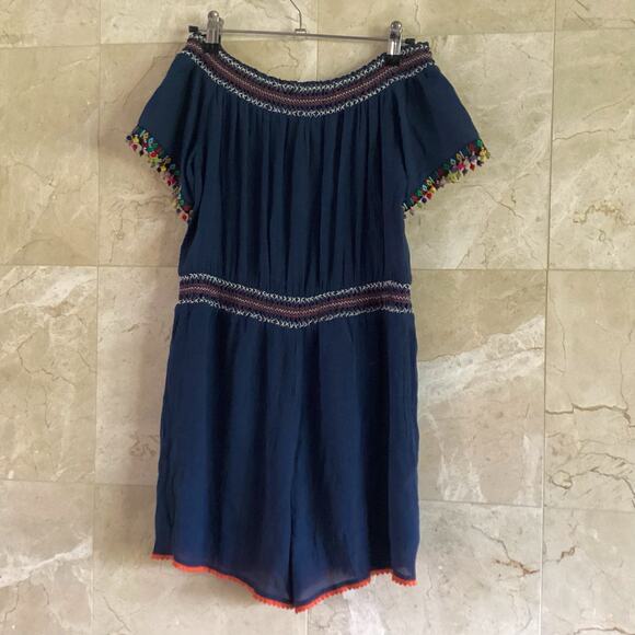 Letarte Romper Small Colorful Poms Off-Shoulder Beach Coverup Eclectic Boho - Picture 4 of 8